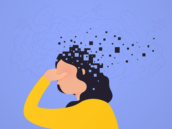 illustration of a woman holding a hand to her forehead, with pixelated squares scattered around her head representing a memory problem