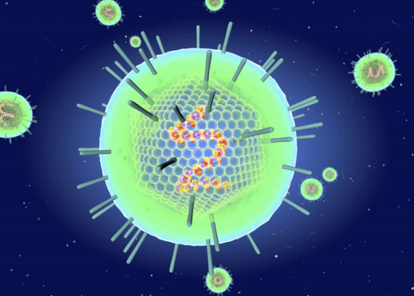 Enlarged particles of the common human Epstein-Barr Virus (EBV) shown in bright green, spiky blue, orange, and pink against a dark blue background